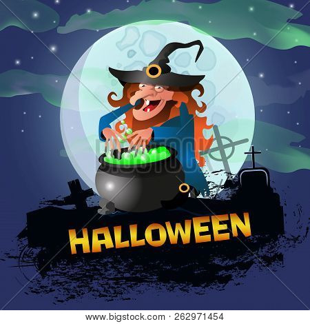 Halloween Poster Design With Cartoon Angry Witch.creative Lettering With Cartoon Character Of Witch 