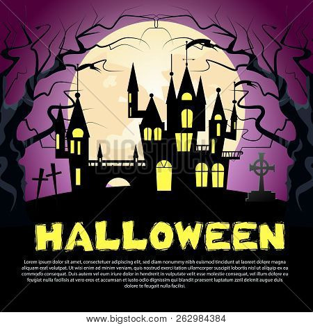 Halloween Lettering With Castle, Cross, Trees And Moon. Invitation Or Advertising Design. Typed Text