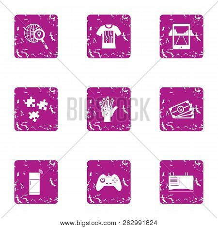 Game Convention Icons Set. Grunge Set Of 9 Game Convention Icons For Web Isolated On White Backgroun