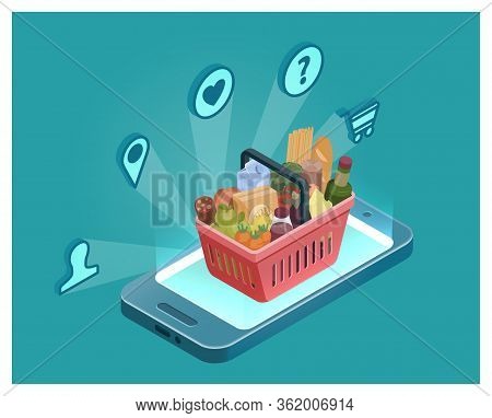 Isometric Illustration Of Smartphone, Red Grocery Basket With Food And Delivery Service Icons. Stock