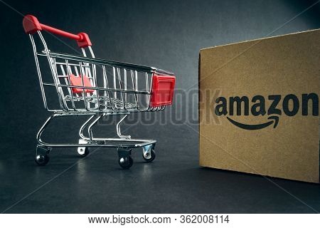 Kuala Lumpur, Malaysia - April 1, 2020 : Amazon Prime Box Or Amazon Shipping Box On Black Background
