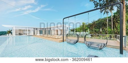 Sea View With A Beautiful Swimming Pool, Sunbeds And Swings,3d Render