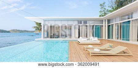 Sea View With A Beautiful Swimming Pool, Sunbeds And Swings,3d Render