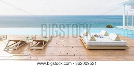 Sea View With A Beautiful Swimming Pool, Sunbeds And Swings,3d Render