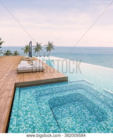 Sea View With A Beautiful Swimming Pool, Sunbeds And Swings,3d Render