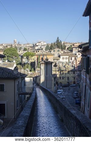 Perugia, Italy - December 10 2016: The Ancient Pedestrian Aqueduct Street Of Perugia, Italy