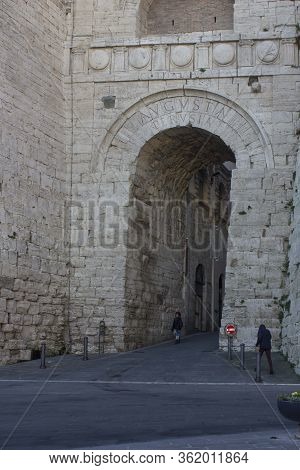 Perugia, Italy - December 10 2016: The Historical Building Called Etruscan Arch In Perugia, Italy
