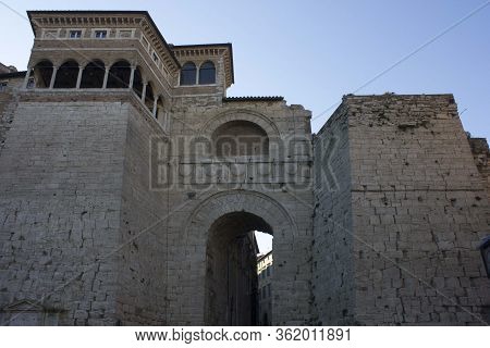 Perugia, Italy - December 10 2016: The Historical Building Called Etruscan Arch In Perugia, Italy