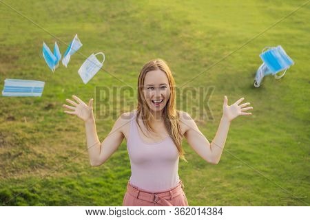 Coronavirus Is Over We Won Concept. Woman With Protection Mask Outdoor In The Sunshine Freedom. We A