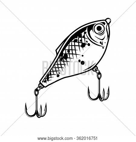 Monochrome Fishing Lure Concept With Triple Hooks In Vintage Style Isolated Vector Illustration