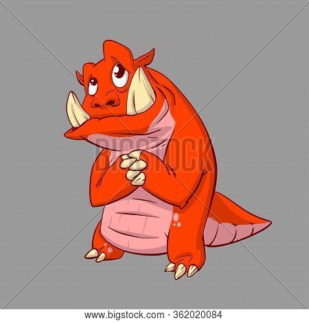 Colorful Vector Illustration Of A Red Monster Creature With Big Tusks And Tail