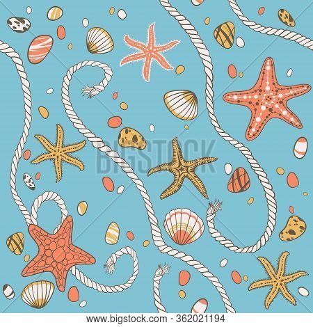 Hand Drawn Seastars, Rope, Seastones And Seashells, Vector Seamless Pattern.