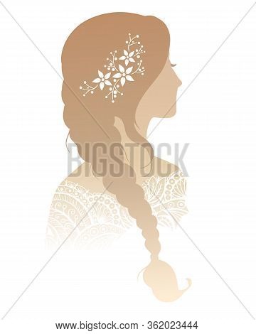 Girl With Tress From The Back. Wedding  Hair Style With Decoration, Hand Drawn Vector Illustration
