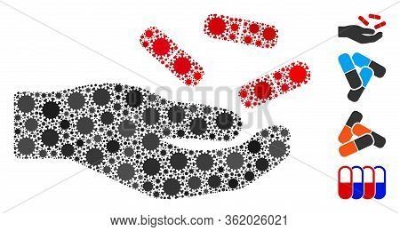 Collage Hand With Pills Composed Of Flu Virus Items In Random Sizes And Color Hues. Vector Viral Ite