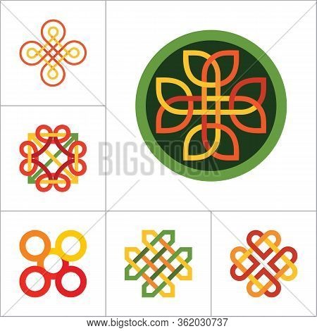 Pattern Icon Set. Hexagon Infinite Knot Traditional Knot Chinese Amulet Round Creative Pattern Squar