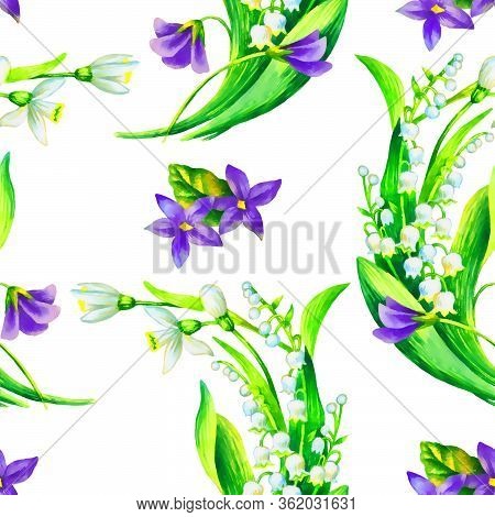 Spring Flowers: Snowdrop, May-lilly, Viola  Seamless Pattern, Hand Paint Watercolor Illustration, Te
