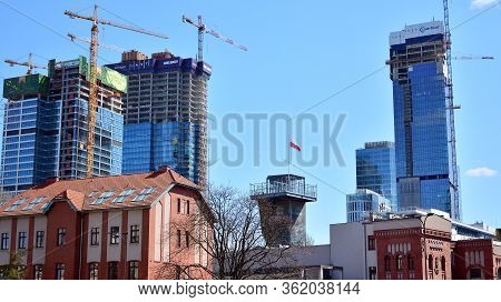 Warsaw, Poland. 19 April 2020. Roundabout Daszynski. New Skyscrapers In The Financial District Of Do