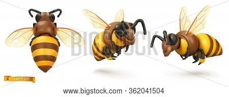 Bee, Bumblebee. 3d Cartoon Vector Icon Set. Plasticine Art Illustration