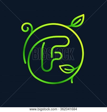 F Letter Leaf Logo In A Circle. Impossible One Line Style. Perfect Green Icon For Environment Labels