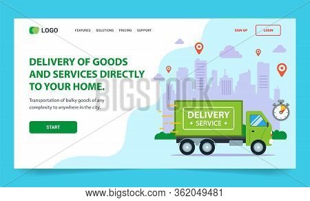 Landing Fast Delivery Of Goods Around The City. Flat Vector Web Page.
