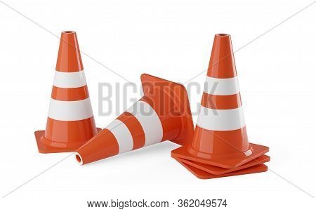 Orange Traffic Warning Cones Or Pylons On White Background - Under Construction, Maintenance Or Atte