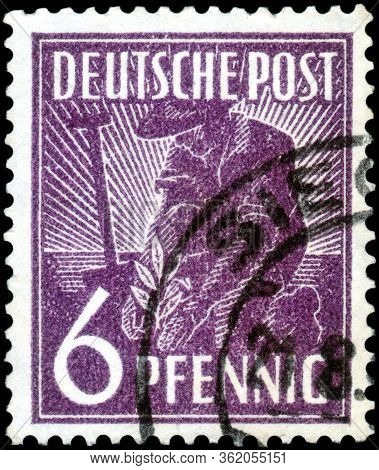 Saint Petersburg, Russia - April 14, 2020: Stamp Issued In The Germany, Allied Occupation, With The 