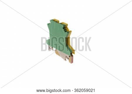 Green Yellow Earth, Ground Electrical Pass Through Terminal For Din Rail, Isolated On White Backgrou