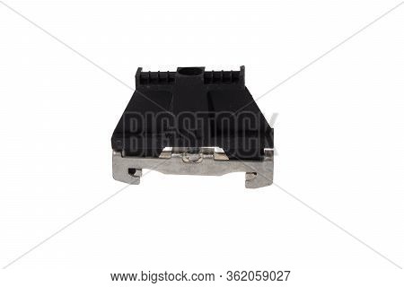 Black Stopper Block For Electrical Pass Through Terminal For Din Rail, Isolated On White Background