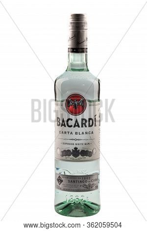 Varna, Bulgaria - April 14, 2020. Bottle Of Bacardi Carta Blanca Superior White Rum, Isolated On Whi