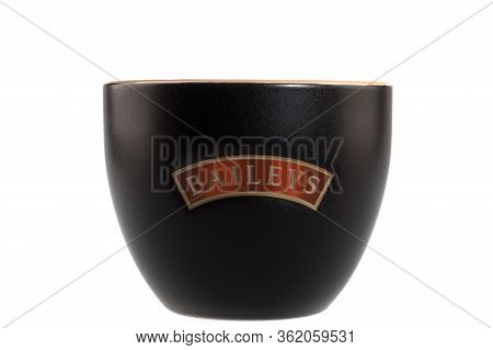 Varna, Bulgaria - April 14, 2020. Black Baileys Ceramic Cup, Isolated On White Background. Baileys I