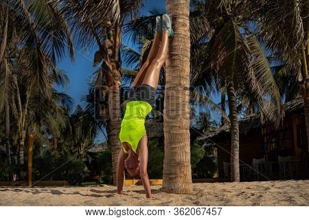 View of woman standing upside down next to palm tree on the beach
