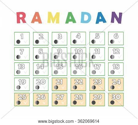 Ramadan Children Calendar. Fasting Tick Calendar, Moon Cycle Phases, New Moon. 30 Days Of Ramadan Is