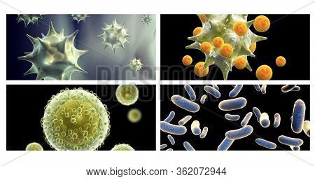 Collection of horizontal or vertical banners with pathogenic bacterias and viruses. Virus under microscope. Fast multiplication of bacteria. Infection and microbe. 3d render