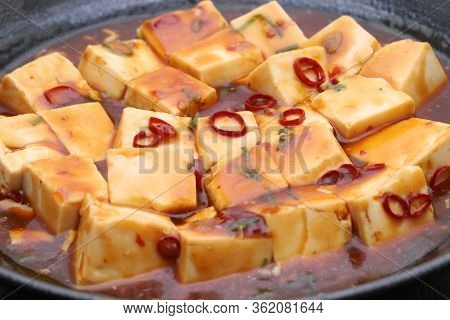 Close Up Of Chinese Cuisine Mabo Tofu In A Dish