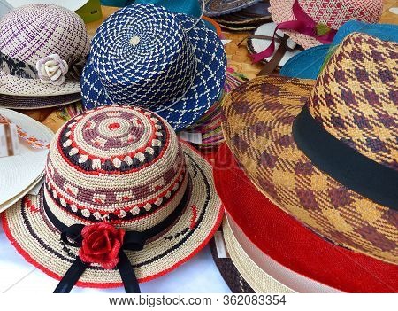 Colorful Handmade Panama Hats Or Paja Toquilla Hat Or Sombrero At The Traditional Outdoor Market In 