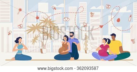 Courses For Pregnant Women Flat Vector Concept With Waiting Childbirth Multinational Couples Sitting