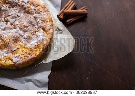Homemade Apple Pie Dessert On Dark Wooden Table, Copy Space.