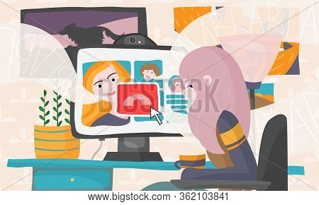 Girl Wants To End A Boring Video Call With Friends. Vetor Illustration For Blog, Article And More.