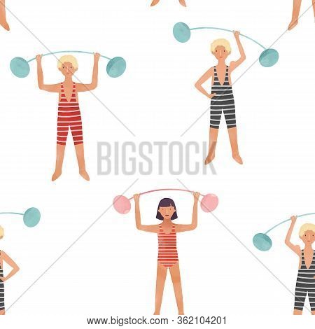 Beautiful Vector Seamless Pattern With Cute Fitness People. Stock Illustration