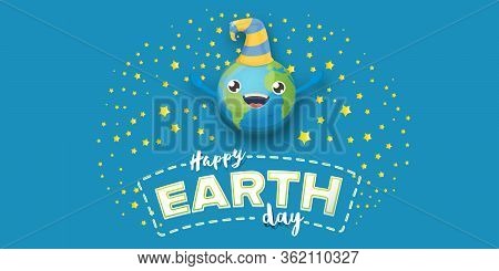 Cartoon Earth Day Horizontal Banner With Cute Smiling Earth Planet Character With Funny Hat Isolated