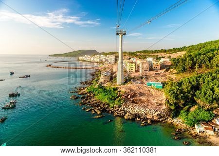 The Highest Cable Car In  Fukuok, Vietnam, A Long Walk At High Altitude Above The Sea. View From Abo