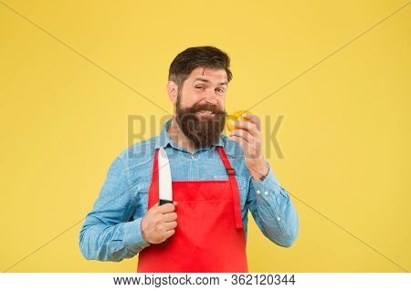 Chef Prepares Meal. Bearded Man Prepare Tomato. Fresh Salad Recipe. Mature Man Hold Knife And Vegeta
