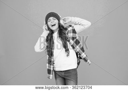 Singing With Mp3 Player. Small Child Long Hair Enjoy Stereo. Happy Childhood. Happy Girl Turquoise B