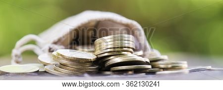 Gold Money Coins, Coronavirus Financial Stimulus, Aid Package Symbol, Help Concept, Banner.