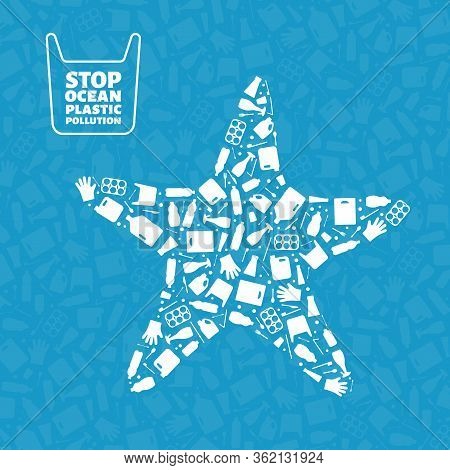 Stop Ocean Plastic Pollution Concept Vector Illustration. Starfish Marine Animal Silhouette Filled W