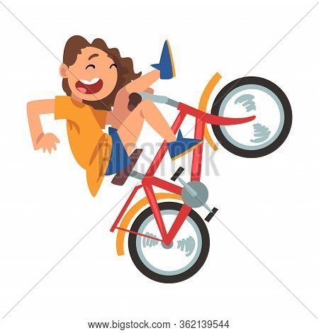 Cute Girl Falling Off Bicycle, Teenager Bicyclist, Summer Outdoor Activity Cartoon Vector Illustrati