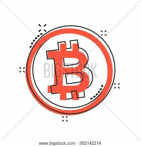 Bitcoin Icon In Comic Style. Blockchain Cartoon Vector Illustration On White Isolated Background. Cr