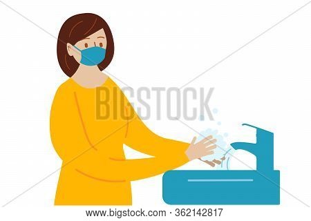 Girl Washes Her Hands. Coronavirus Protection. Vector Concept Illustration In Flat Cartoon Style.