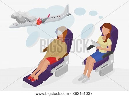 Woman Character Aerophobia Sitting Aircraft Armchair, Female Prediction Fear Flight Isolated On Whit