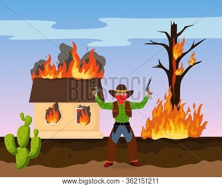 Western Robber Shot Gun, House On Fire Attack Ransack Flat Vector Illustration. American Wild West C
